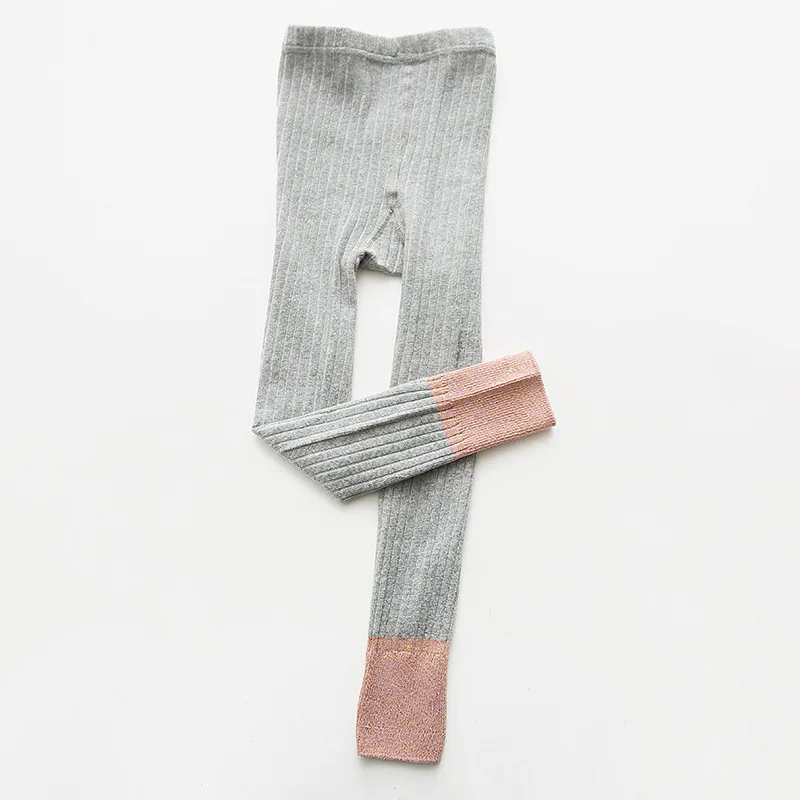 grey1-thin Теплые вязаные леггинсы в полоску для девочек 3-12 лет, эластичные обтягивающие колготки для маленьких девочек, зимние бархатные штаны - Цвет: grey1-thin