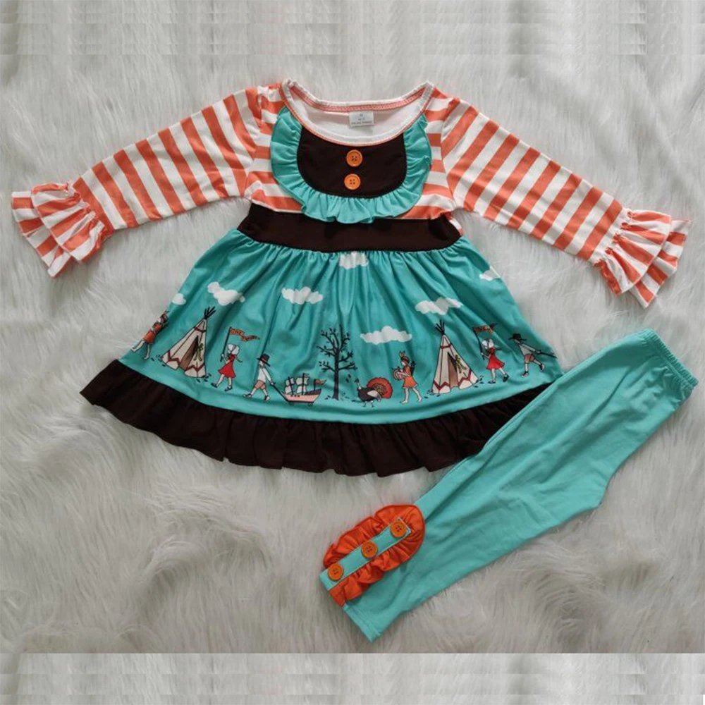 Halloween style Outfit kids clothing orange striped tents people print top matches pure turquoise pant children clothes
