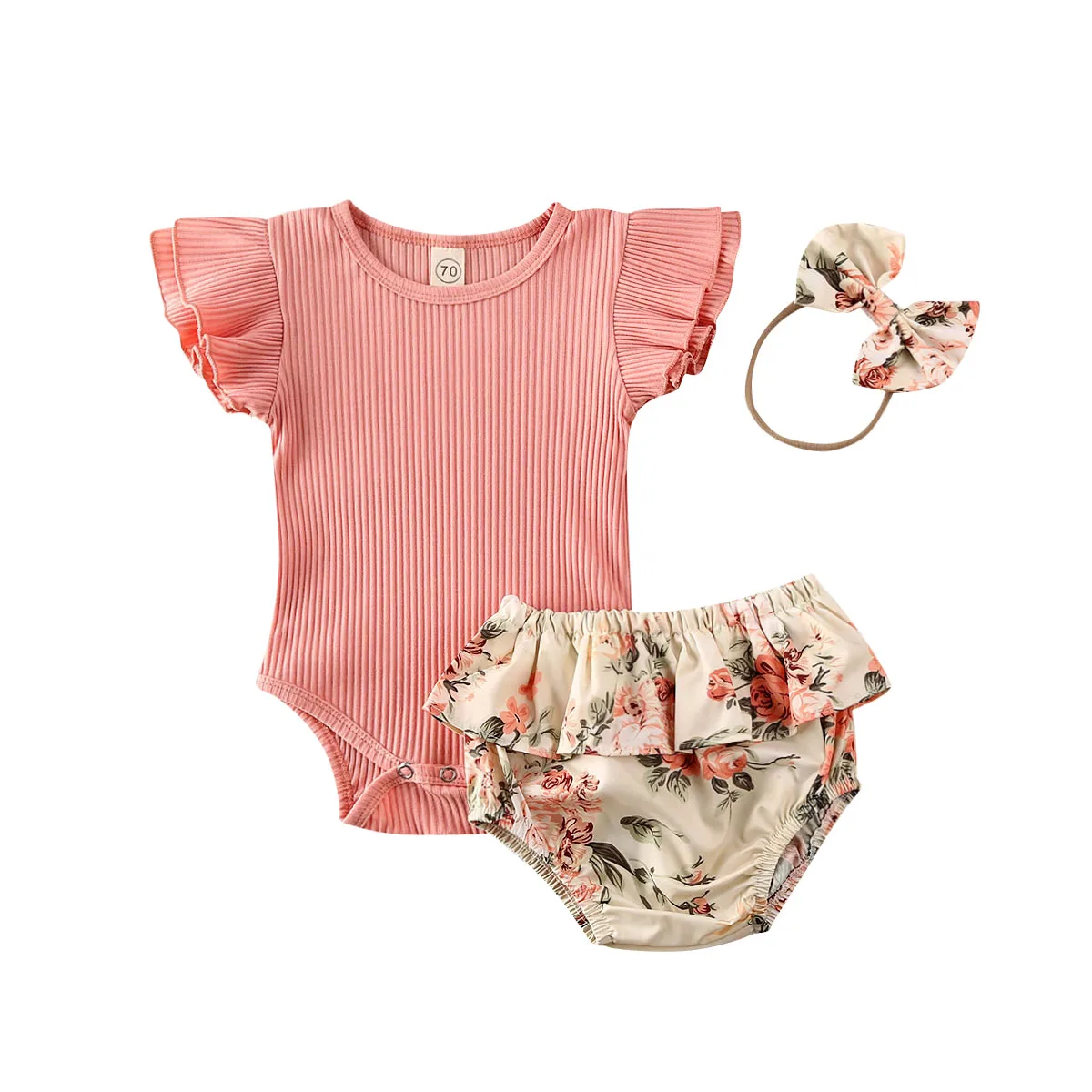 0-24M Baby Summer Clothing Infant Newborn Girl Ruffled Ribbed Bodysuit Floral Shorts Headband 3Pcs Set |