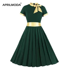 Золотое лоскутное женское винтажное платье размера плюс с бантом на шее, зеленое плиссированное платье, офисное платье миди, вечерние платья винно-зеленого цвета с высокой талией