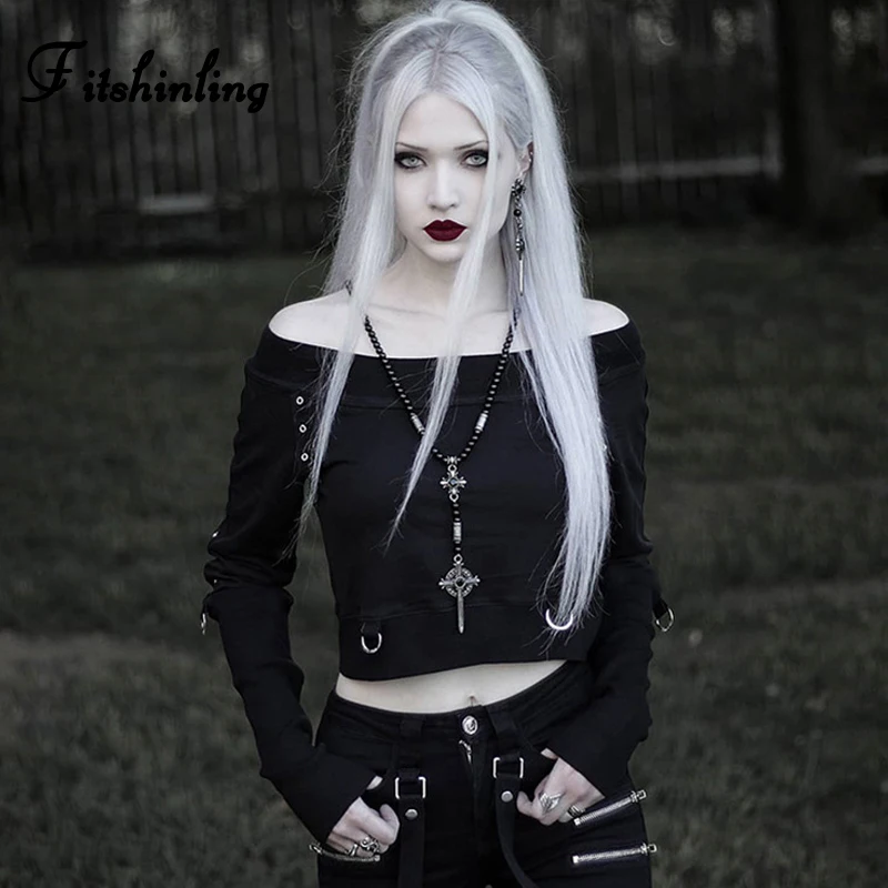 

Fitshinling Gothic Grunge Grommets Women's Sweatshirt Autumn Winter Off Shoulde Black Poleron Mujer Harajuku Cropped Sweatshirts
