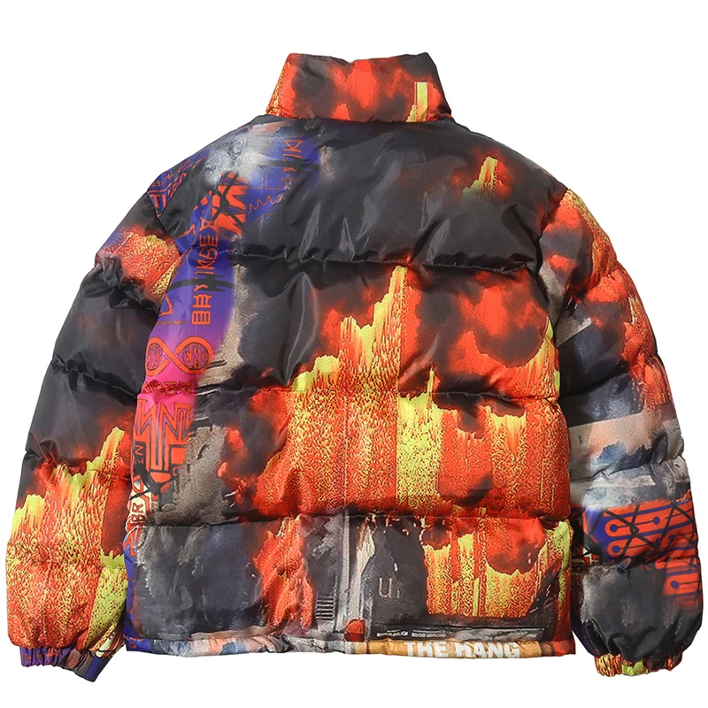 Men Colorful Graffiti Print Windbreaker Puffer Cotton Padded Parkas Streetwear Hip Hop Winter Thick Warm Parka Jackets Coat New