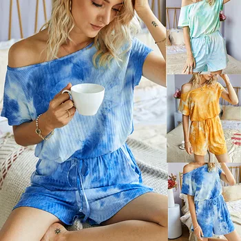 

Women's Jumpsuits Summer Fashion Tie Dyed Print O-Neck Short Sleeve Playsuit Casual Short Jumpsuit сиамские брюки Женский комбин