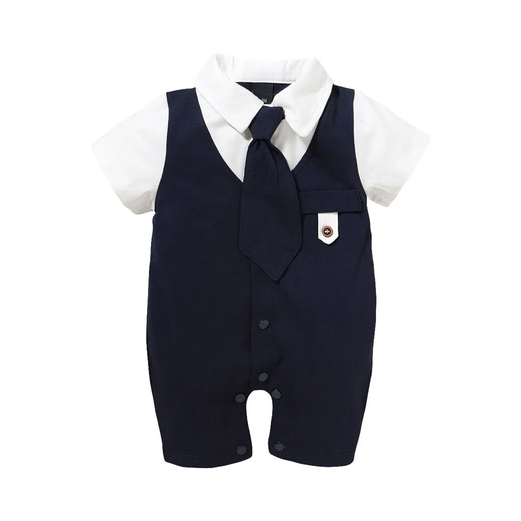 Newborn Infant Baby Boys clothes Solid Gentleman Tie Romper Jumpsuit Outfits Baby Clothing Short Sleeve T-shirt #C