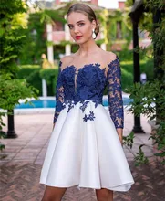 

New Royal Blue Cocktail Dresses Sheer Neck Appliques Lace Long Sleeve Ruffles Mini Short Homecoming Graduation Dress Formal Gown
