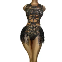 Fashion Tight Fitting Crystal Tassel Nude Dancer Bodysuit Women Sleeveless Elastic Rhinestone Leotard Nightclub DS Dance Outfits 1