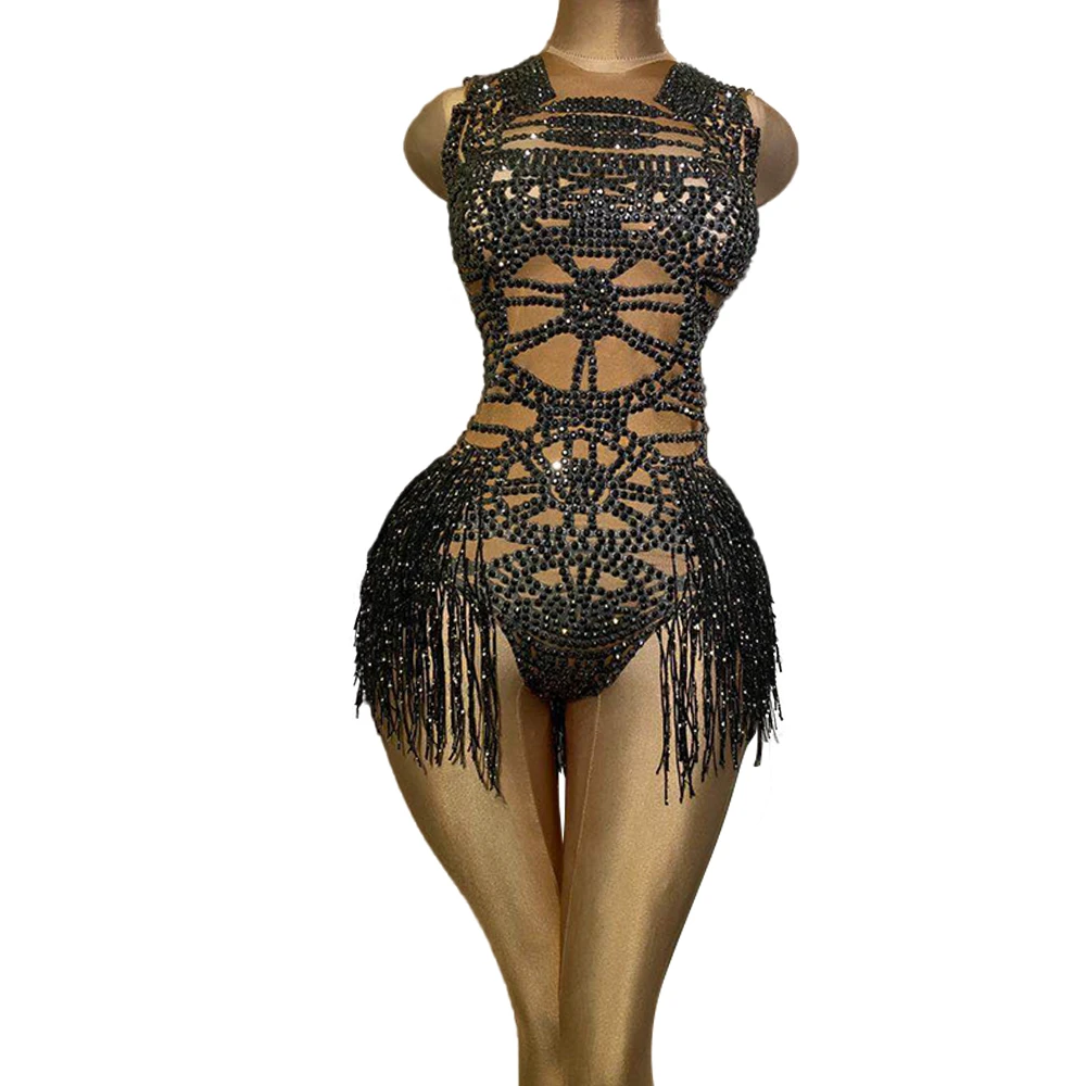 brown bodysuit Fashion Tight Fitting Crystal Tassel Nude Dancer Bodysuit Women Sleeveless Elastic Rhinestone Leotard Nightclub DS Dance Outfits bodysuit top