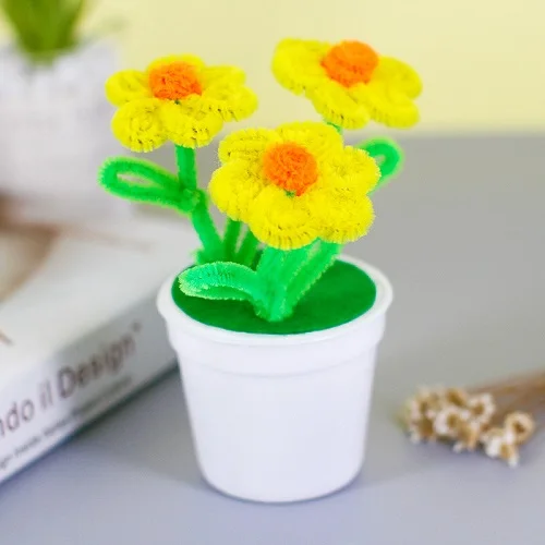 Yellow sunflower Ручная скрученная плюшевая палочка цветочные горшки Детский сад DIY цветок ремесло игрушки головоломка ручной работы набор Твистер палочка волос корень цветок - Color: Yellow sunflower