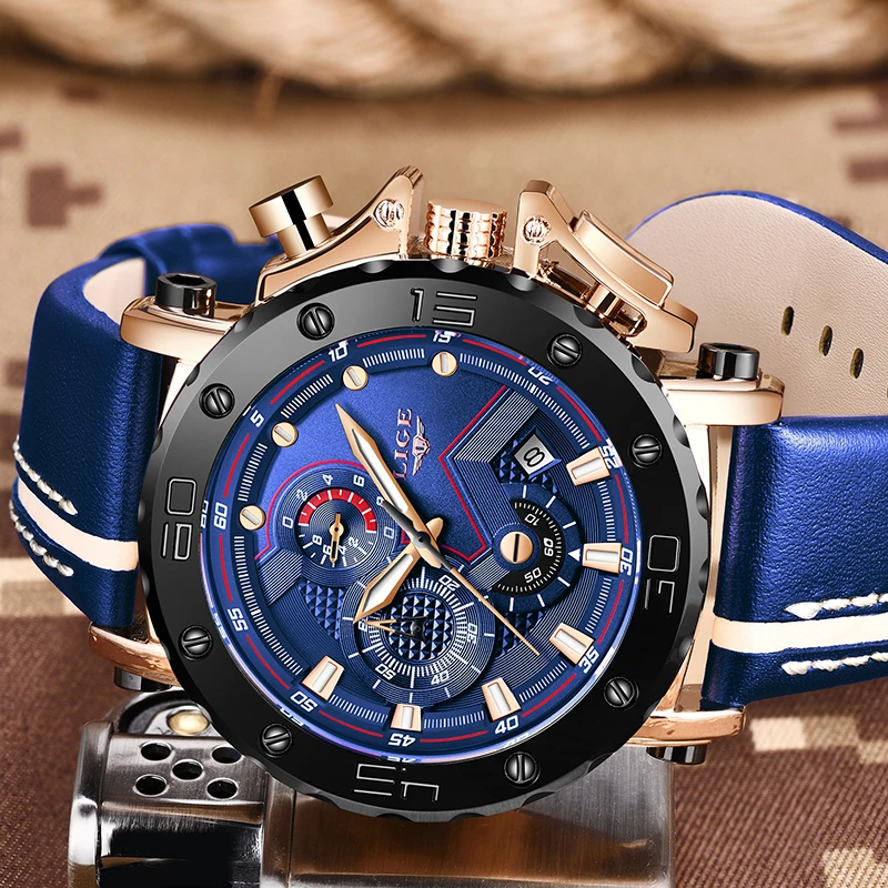 2019 New LIGE Mens Watches Top Brand Luxury Big Dial Military Quartz Watch Casual Leather Waterproof Sport Chronograph Watch Men