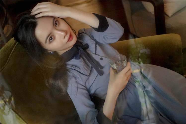 Autumn New Arrival Retro Hot Sale Peter Pan Collar Bowknot Woman Long Chiffon Dress