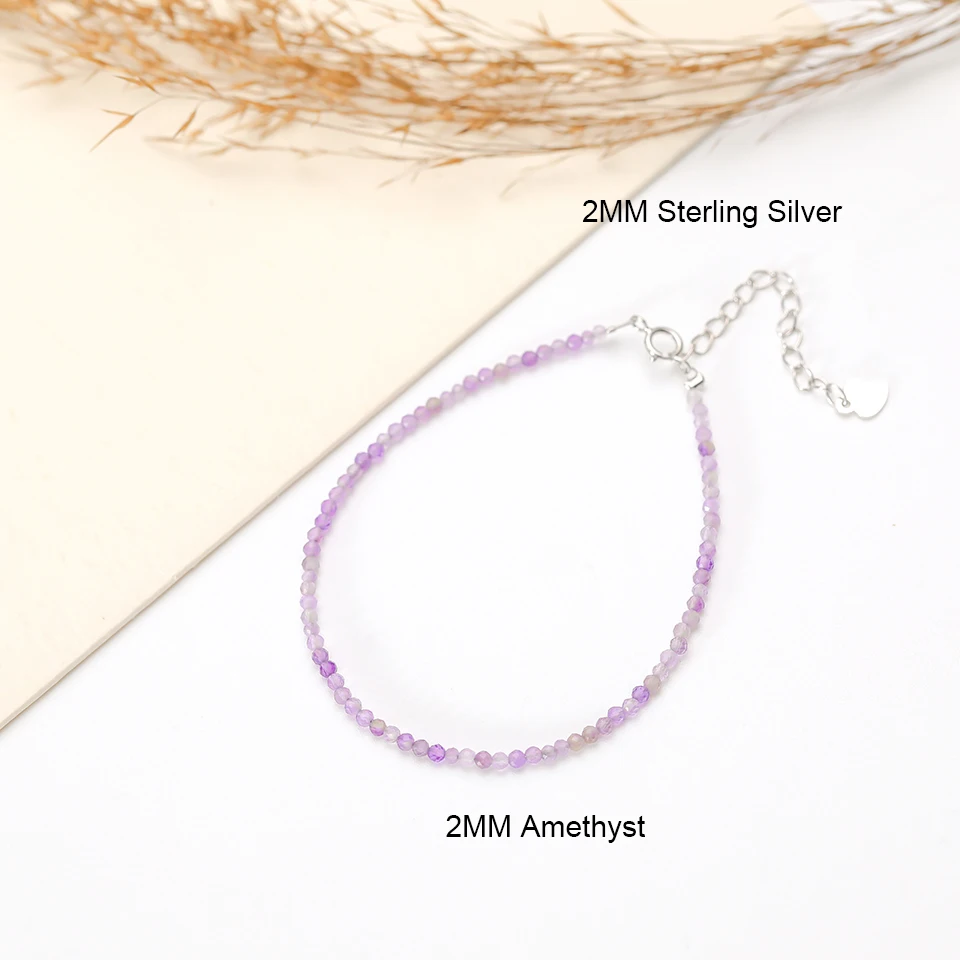 Stone Bead Bracelet Natural Stone Beads Bracelet on Hand Chain 2MM with 925 Sterling Silver Bangle For Women