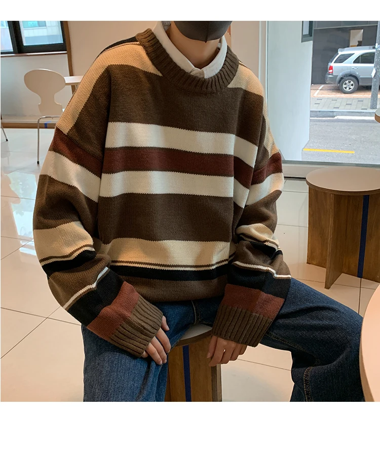 Striped Sweater Men Warm Fashion Contrast Color Casual O-neck Knit Pullover Men Streetwear Knitting Sweaters Male Sweter Clothes