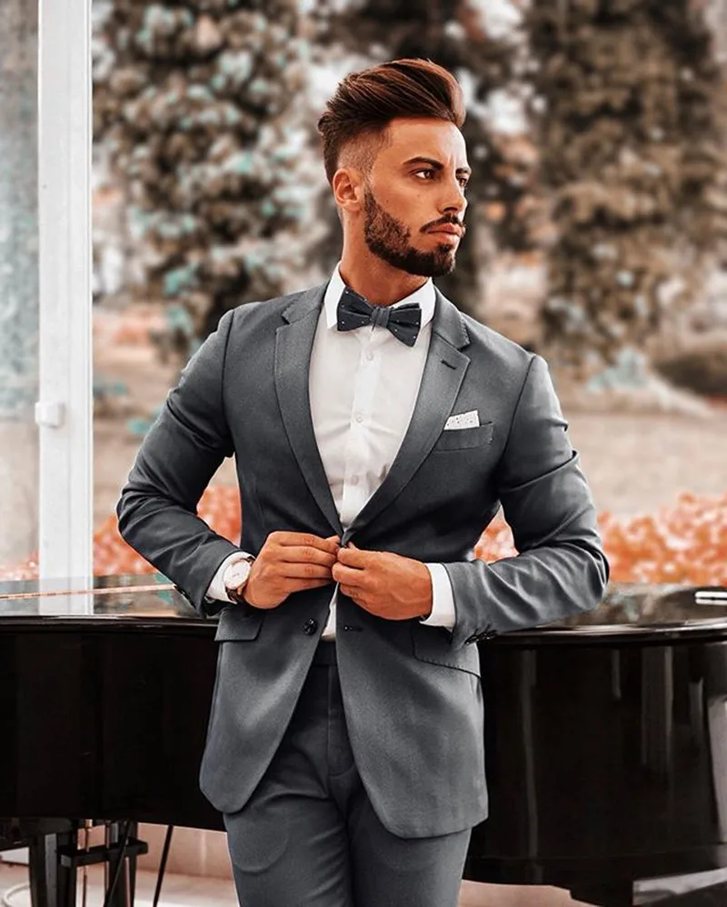 Grey TPSAADE новые мужские костюмы смесь полиэстера 2 шт.(пальто+ брюки) зубчатый нагрудный костюм Homme Формальные костюмы жениха на заказ - Цвет: Grey