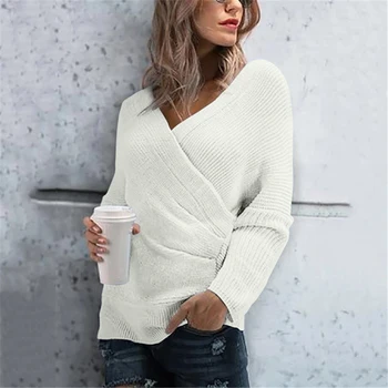 

Women Cross V-Neck Knitted Sweater Lady Long Sleeve Knitwear Jumper Tops Blouse