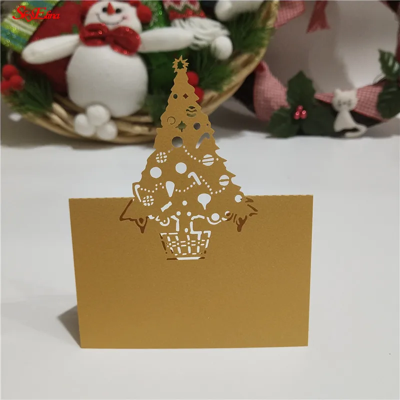 10/50/100pcs Lase Cut Marks Place Escort Card Christmas Tree Shape gift Cards Wedding Supplies Birthday Party Decoration 5zSH219 - Color: Golden