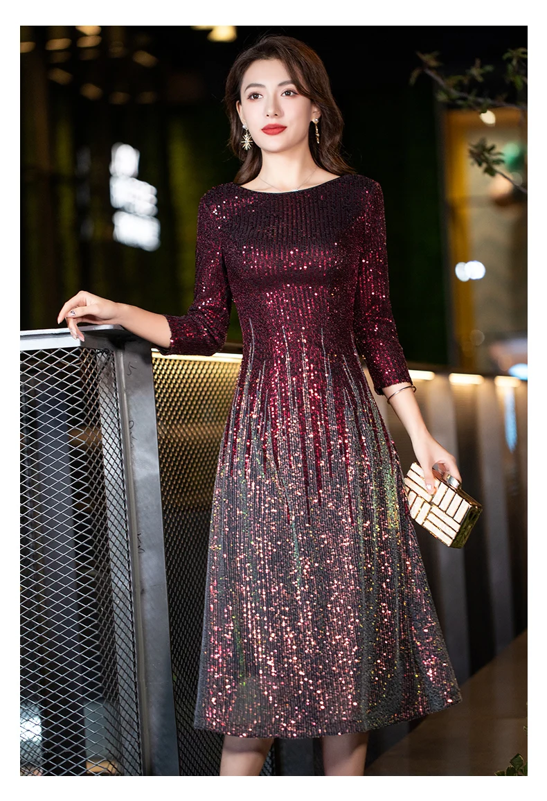 womens formal dresses 2022 New Style Sequined Prom Dresses Elegant O-Neck A-line Tea-length Women Formal Evening Gowns Short DRESS evening maxi dresses