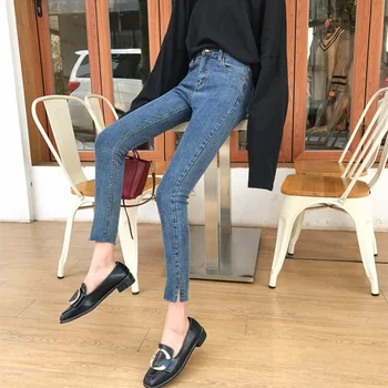 

Jeans Women Solid Simple All-match Korean Style Zipper Loose Trendy Ankle-length Womens Denim Elegant Ladies Chic High Waist