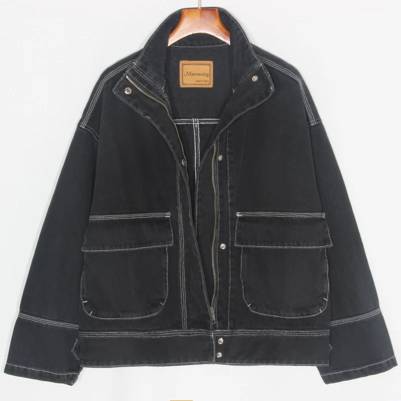 

Autumn Fashion Women Vintage Batwing sleeve Loose Stand collar Bomber Denim jacket Streetwear Harajuku Washed Black Jean jacket