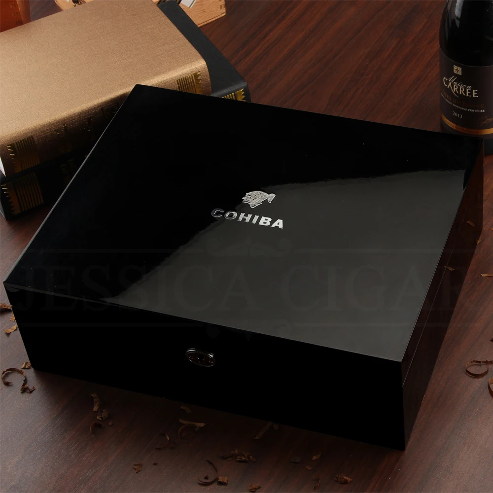 COHIBA Черный кедр Деревянный сигары Humidor W/увлажнитель с гигрометром глянцевое пианино отделка деревянный хьюмидор сигары коробка подходит 40-50 портсигар чехол