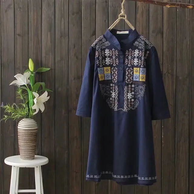 

Spring And Autumn WOMEN'S Dress National Wind Embroidered Loose-Fit Stand Collar Three-quarter-length Sleeve Sleeve Cotton Linen