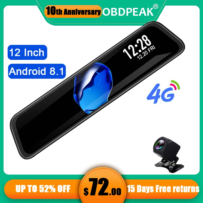 

Android Dual 1080P Dash Cam 4G 12 Inch Car Rearview Mirror Stream Media Mirror Car ADAS Super Night Auto Camera Registrar DVRs