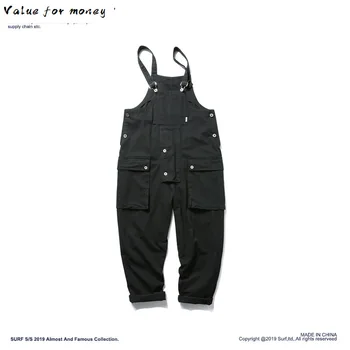 

Men's Bib Harajuku Overalls Big Pockets Casual Rompers Jumpsuits Black Army Suspender Flared Straight fit Pants for Male