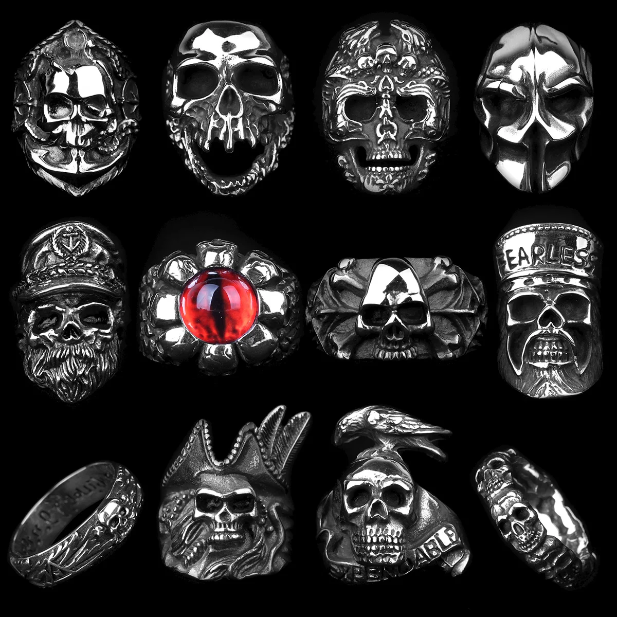 Stainless Steel Men Gothic Skull Head Rings Skeleton Punk Hip Hop Male Boy Jewelry Creativity Gift