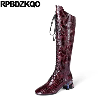 

big size long lace up chunky 10 snake tall wine red brand plus boots designer shoes women luxury 2019 knee high trend snakeskin