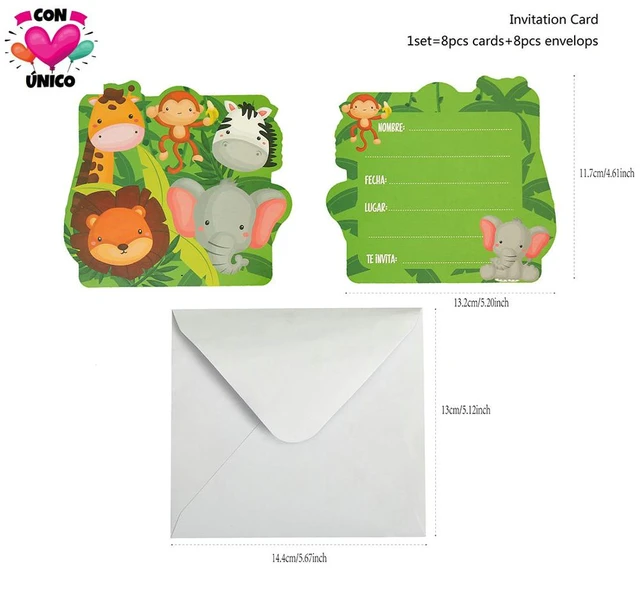 5 cartes d'invitation Jungle 5 enveloppes - animaux de la jungle  anniversaire - birthday - green