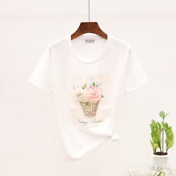 

2020 Summer New Female T-shirt Fashion Beaded Diamond Flower print Short Sleeve Tshirt Women Harajuku Loose Ladies Tops D3581
