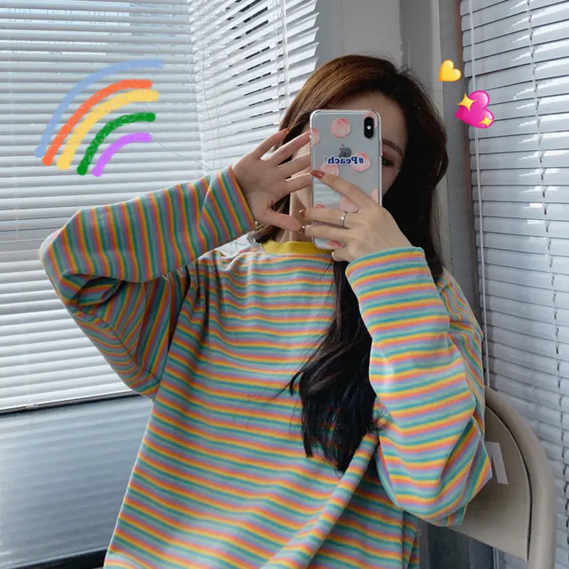 

2020 small fresh air Rainbow Stripe loose medium long style with long sleeve bottoming T-shirt women ins