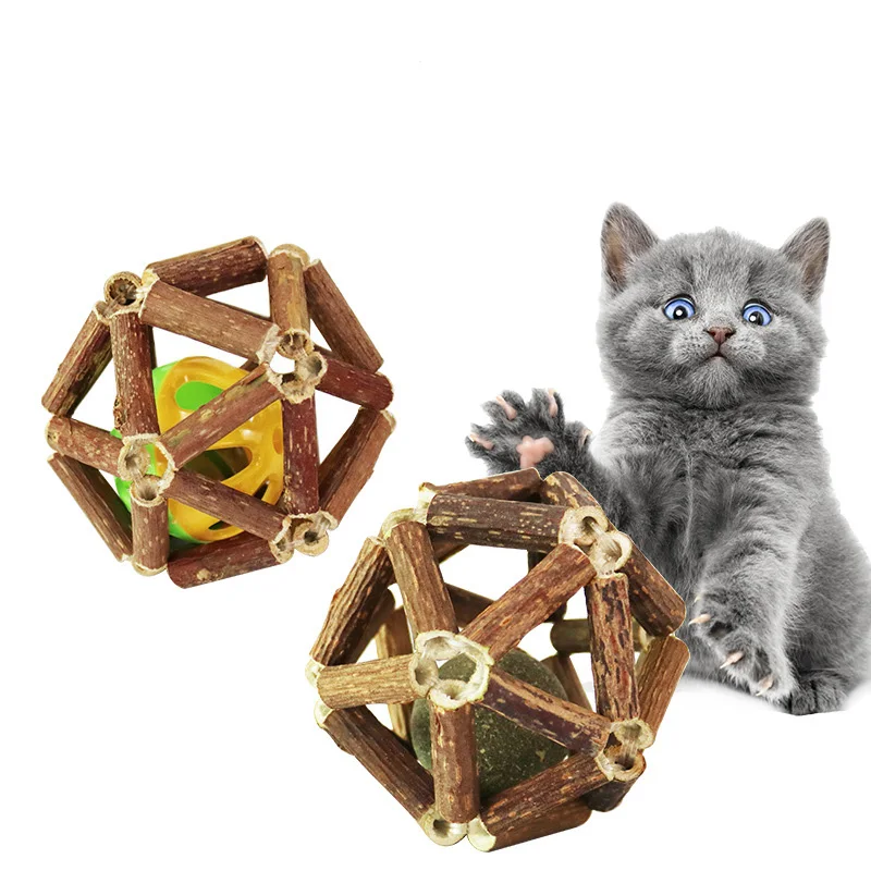 

Catnip Toy Cat Mini Ball Toy Funny Natural Wooden Hollow Toys with Bells Kitten Tooth Cleaning Interactive Pet Toy Products