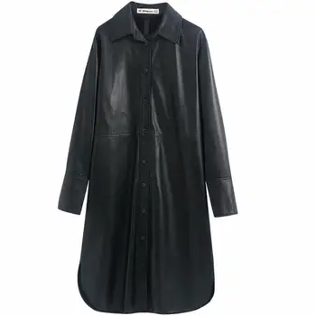 

2020 Spring pu leather blouse women casual long loose lapel top shirt