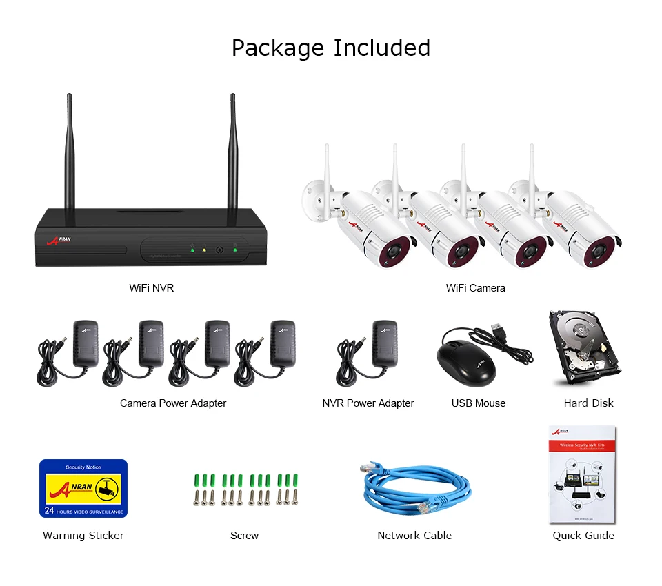 ANRAN, система видеонаблюдения, Wifi, 1080 P, NVR, комплект, 4CH, 1080 P, HD IP камера, уличная, ночное видение, камера безопасности, система