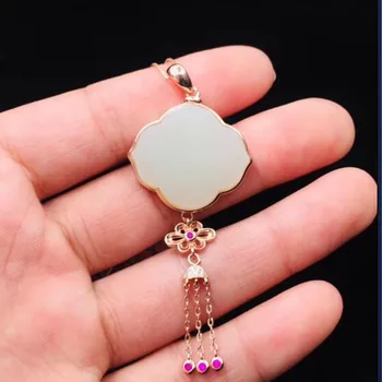 

925 Sterling Silver White HeTian Jade Inlay Rose Golden Chain Tassels Design Lucky Pendant + Chain Necklace For Women Fine Jewel