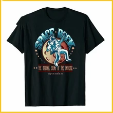 Camiseta Retro Space Rock, Camiseta de algodón negra de manga corta con astronauta tocando la guitarra