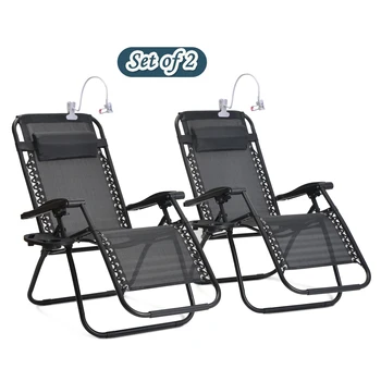 

2x Sun Lounger Garden Chairs Heavy Duty Textoline Zero Gravity Folding Reclining Chairs With Cup Holders & Lazy Holder for Phone