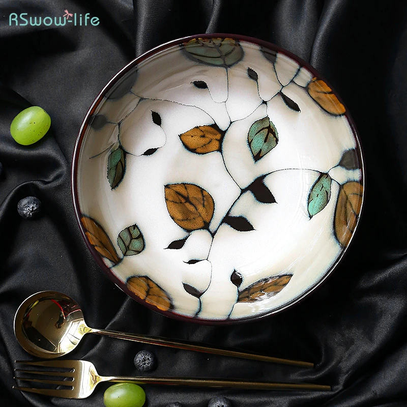

Japanese Style Ceramic Tableware Hand-Painted Leaf Porcelain Ramian Soup Bowl Household Salad Bowls Creative Dinner Plate Dishes