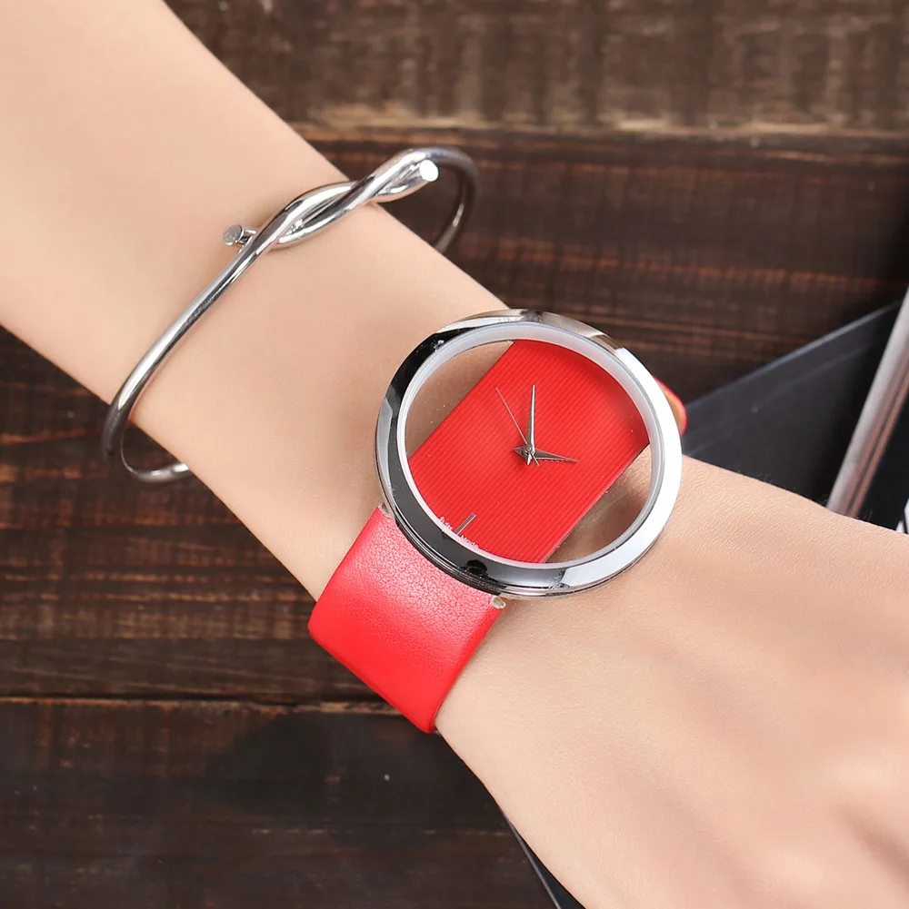 Часы в Корейском стиле для женщин минималистичный необычный, прозрачный циферблат дамские часы браслет повседневные красочные кожаные кварцевые часы