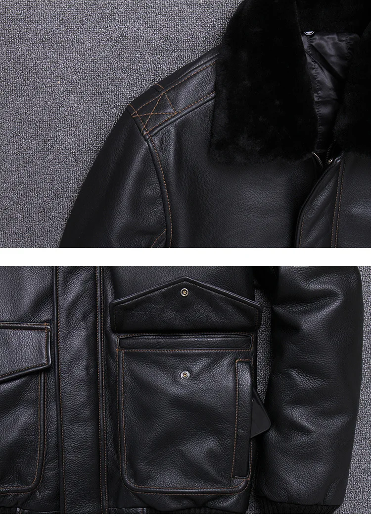 Seveyfan US G1 Flight Genuine Leather Jacket Men Black Fur Collar Real Cowhide Leather Jacket Motorcycle Biker R3260
