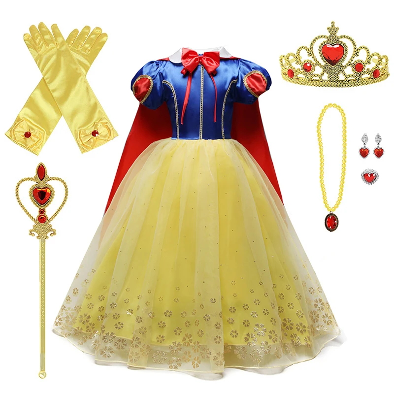 Girls Princess Snow White Dress Up For Kids Puff Sleeve Costumes with Long Cloak Child Party Birthday Fancy Gown 3-10 Years