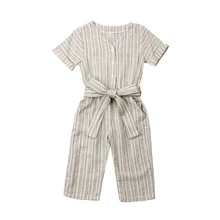 Новые детские комбинезоны, Летний полосатый комбинезон для маленьких девочек, комбинезон с коротким рукавом, длинные штаны со шнуровкой, брюки, детская одежда для младенцев