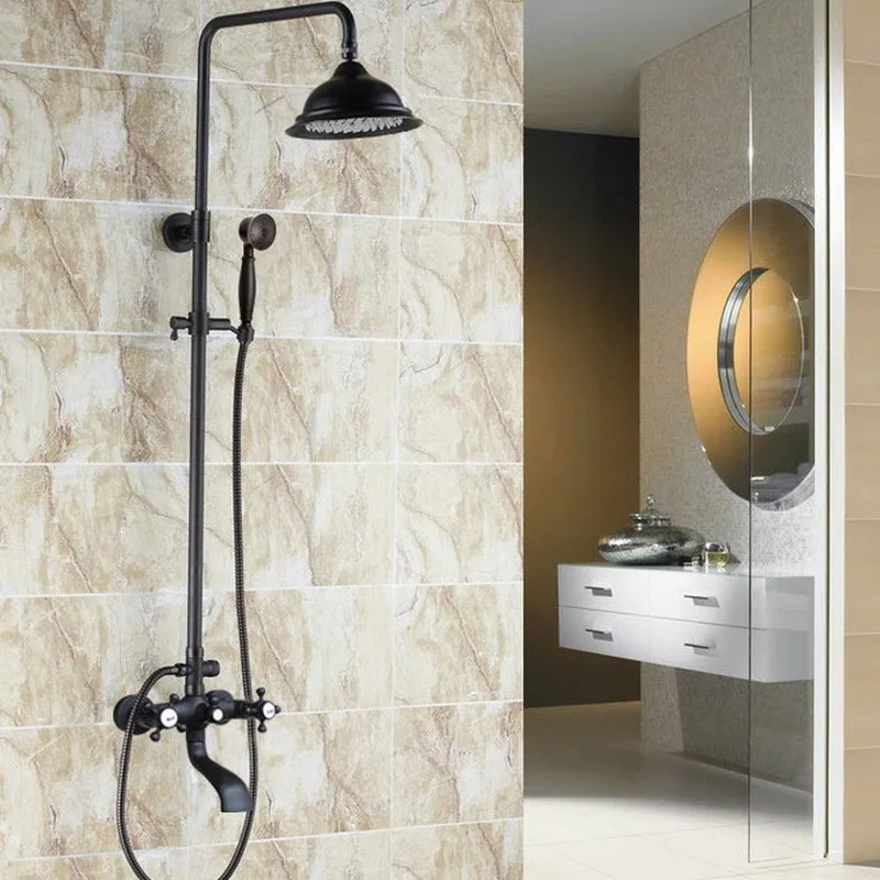 

Черный латунный кран для душа с двумя перекрестными ручками, для ванной комнаты, 8 дюймов, Круглый, для дождя, Набор смесителей для ванной, ручной смеситель для душа mhg103