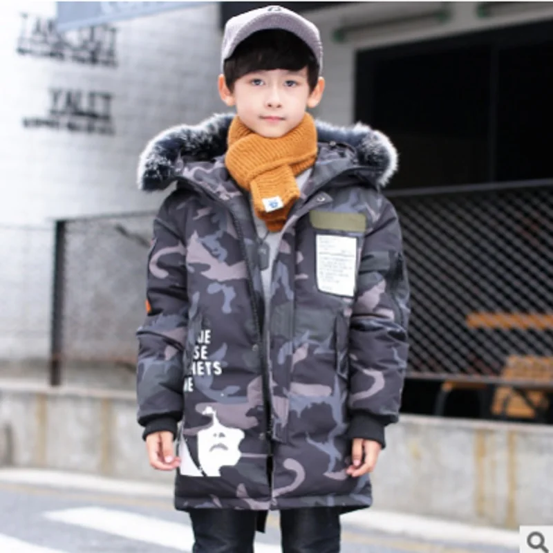 

Boys Eiderdown Cotton Coat 2019 Winter Children's Kids Hooded Thickening Long Section 2 Print Camouflage Colors Size4-14 ly155