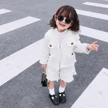 

Sets baby girls white Tweed coats + shorts 2pcs suits children clothes elegant princess high quality outfit kids jackets ws1035