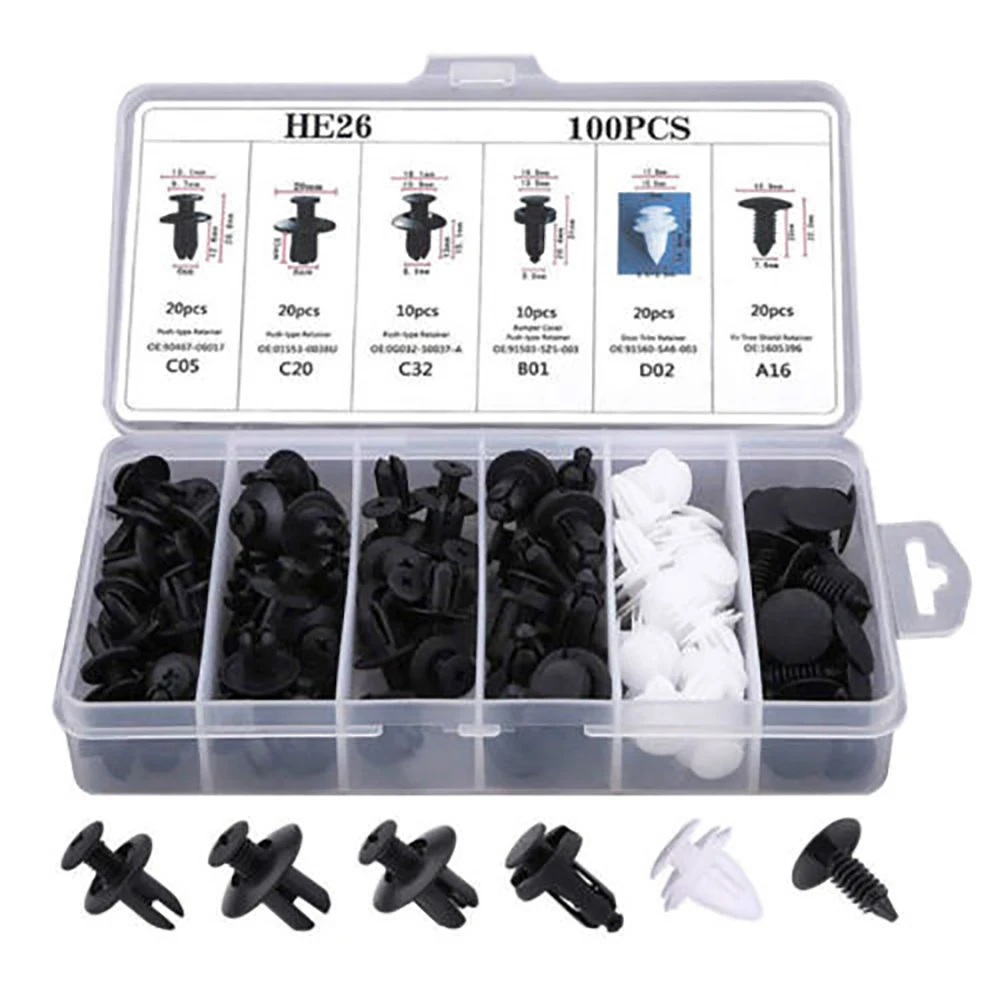 Черный 100PC 6size Clip Trim Car Push Pin Rivet Bumper Door Panel Retainer Fastener Kit Boxed Buckle Combination Set Nylon Clip - Название цвета: Черный