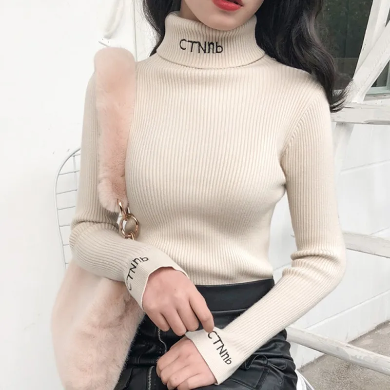 

DeRuiLaDy 2019 Fall Winter Women Knitted Sweater Casual Turtleneck Long Sleeve Sweater Pullovers Tops Embroidery Letter Sweaters