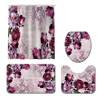 

4pcs/set Bathroom Carpet Rug Bath Mat Shower Curtain Set Toilet Rug Bath Mats Home Decor Shower Floor Foot Rug Bathroom Mats