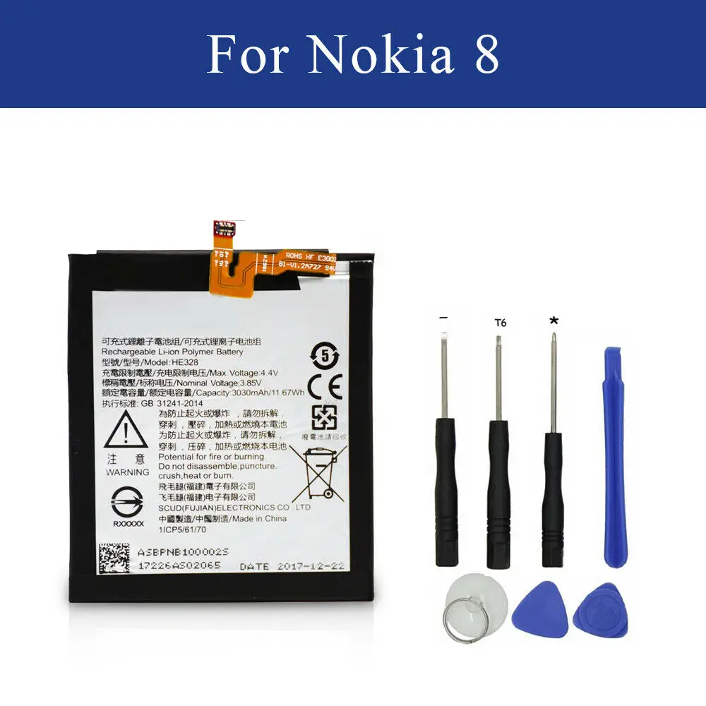 Аккумулятор для Nokia 8 HE328 реальная емкость 3030mAh 0 цикл подлинный+ Инструменты