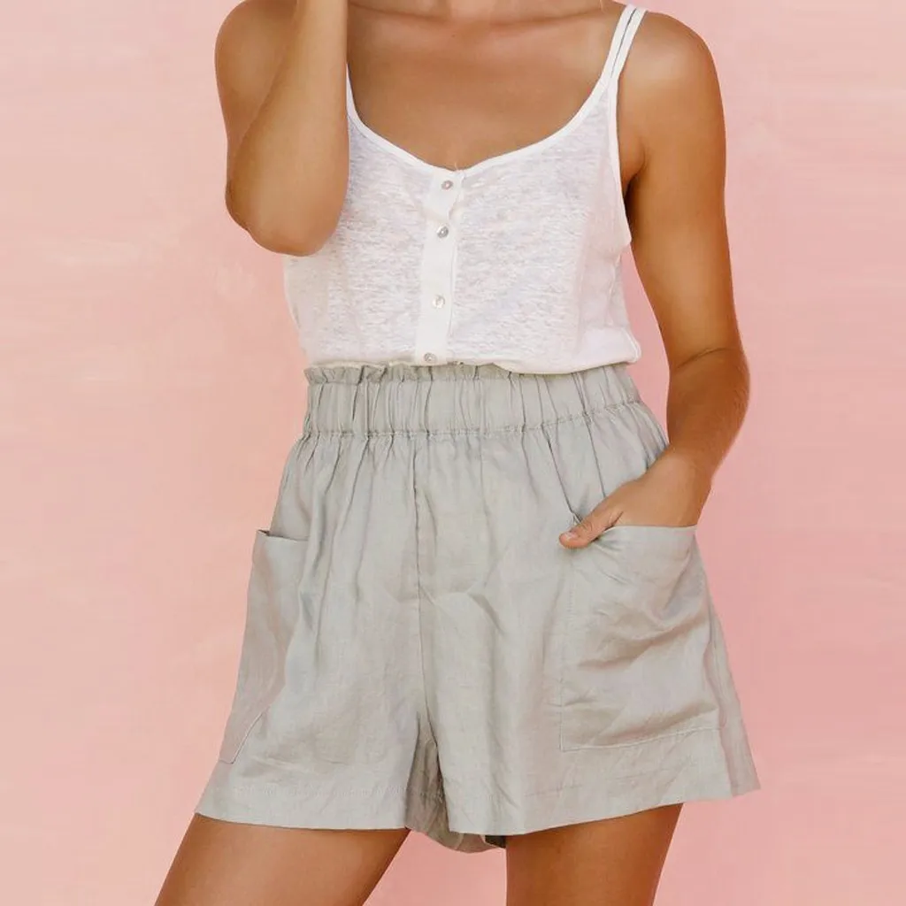 

Women's Shorts Fashion Casual Elastic Waist Pocket Shorts Solid Color Cotton Linen Loose Hotpants Home Shorts
